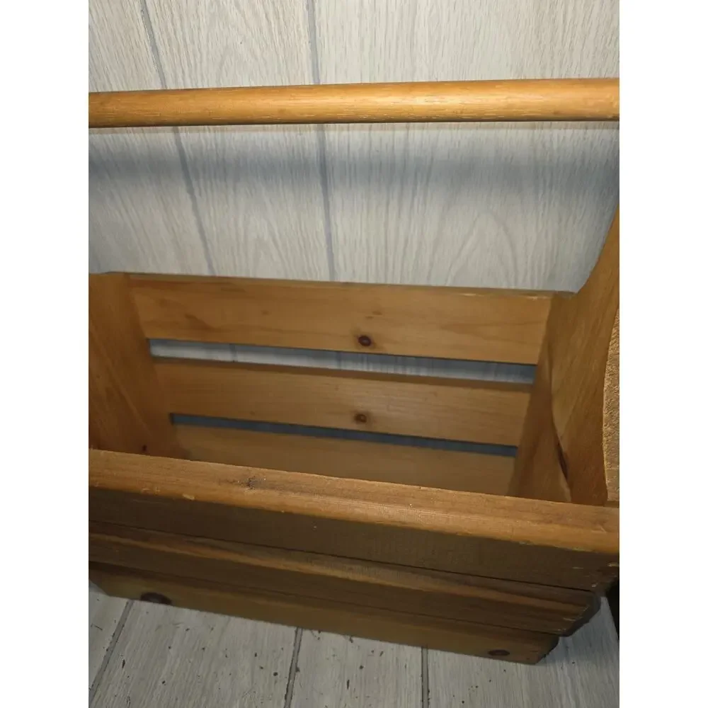 Vintage Handmade Wooden Slat Storage Basket Caddy With Handle Farmhouse Country
